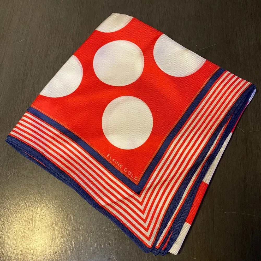 Elaine Gold Vintage Silk Square Scarf Red White Polka Dot Striped Border 22in